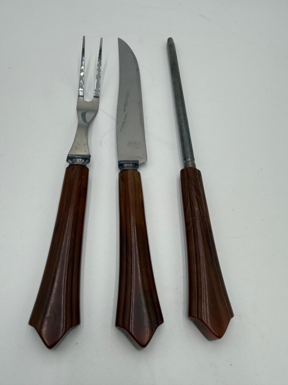 Vintage 3-Piece Carving Set Bakelite Handles Stainless Steel Fork Knife Sharpeni